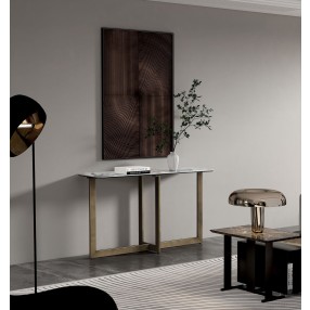 Whiteline Modern Living Nola Console With 6mm Glass + 6mm Ceramic White In Black & Gold Marbolized Top And Bronze Brushed Metal Base - Lifestyle