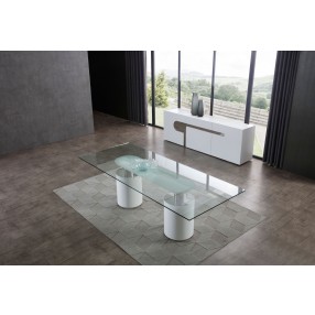 Whiteline Modern Living Mandarin Dining Table With Polished Stainless Steel Connector in Matt White Bases - Lifestyle