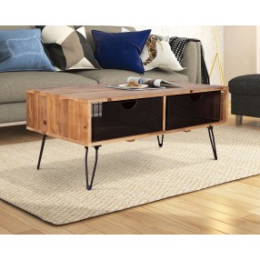 Crawford and Burke Ophelia Reclaimed Wood 42" Foldable Coffee Table with Wire Mesh Drawers, Lifestyle