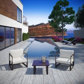Modway Fortuna 3 Piece Outdoor Patio Sectional Sofa Set in Brown White - Lifestyle