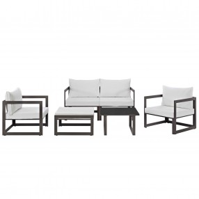 Modway Fortuna 6 Piece Outdoor Patio Sectional Sofa Set - Brown White - Set in Front Angle