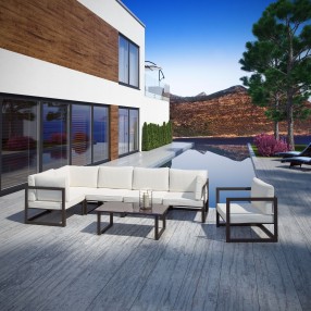 Modway Fortuna 7 Piece Outdoor Patio Sectional Sofa Set in Brown White - Lifestyle