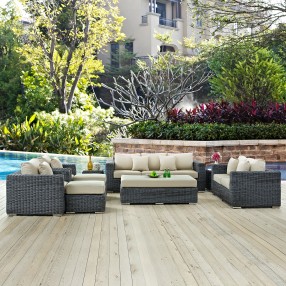 Modway Summon 9 Piece Outdoor Patio Sunbrella® Sectional Set in Canvas Antique Beige - Lifestyle