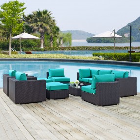 Modway Convene 10 Piece Outdoor Patio Sectional Set - Espresso Turquoise - Lifestyle