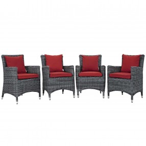 Modway Summon 4 Piece Outdoor Patio Sunbrella® Dining Set in Canvas Red - Set in Front Side Angle