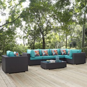 Modway Convene 7 Piece Outdoor Patio Sectional Set - Espresso Turquoise - Lifestyle