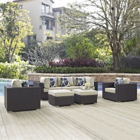 Modway Convene 7 Piece Outdoor Patio Sectional Set - Espresso Beige - Lifestyle
