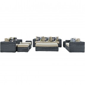 Modway Summon 9 Piece Outdoor Patio Sunbrella® Sectional Set - Canvas Antique Beige - Front Angle