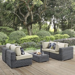 Modway Summon 5 Piece Outdoor Patio Sunbrella® Sectional Set - Canvas Antique Beige - Lifestyle