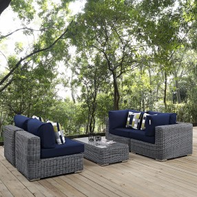 Modway Summon 5 Piece Outdoor Patio Sunbrella® Sectional Set - Canvas Navy - Lifestyle