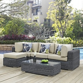 Modway Summon 5 Piece Outdoor Patio Sunbrella® Sectional Set - Gray Beige - Lifestyle