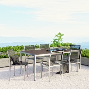 Modway Shore 7 Piece Outdoor Patio Aluminum Dining Set - Silver Black - Lifestyle