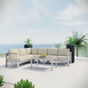 Modway Shore 5 Piece Outdoor Patio Aluminum Sectional Sofa Set in Silver Beige - Lifestyle