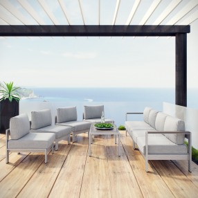 Modway Shore 7 Piece Outdoor Patio Sectional Sofa Set - Silver Gray - Lifestyle