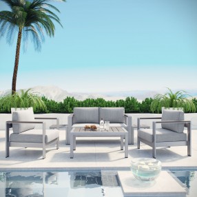 Modway Shore 6 Piece Outdoor Patio Aluminum Sectional Sofa Set - Silver Gray - Lifestyle