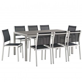 Modway Shore 9 Piece Outdoor Patio Aluminum Dining Set - Silver Black - Set in Front Side Angle