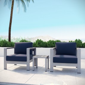 Modway Shore 3 Piece Outdoor Patio Aluminum Set - Silver Navy - Lifestyle