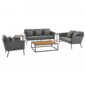 Modway Stance 6 Piece Outdoor Patio Aluminum Sectional Sofa Set - Gray Charcoal - Set in Front Side Angle