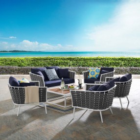Modway Stance 6 Piece Outdoor Patio Aluminum Sectional Sofa Set - White Navy - Lifestyle