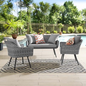 Modway Endeavor 3 Piece Outdoor Patio Wicker Rattan Loveseat and Armchair Set - Gray Gray - Lifestyle