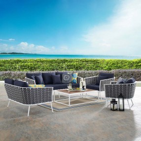 Modway Stance 5 Piece Outdoor Patio Aluminum Sectional Sofa Set - White Navy - Lifestyle