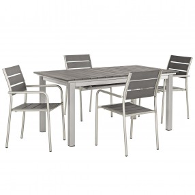 Modway Shore 5 Piece Outdoor Patio Aluminum Dining Set - Silver Gray - Set in Front Side Angle