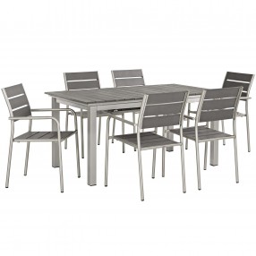 Modway Shore 7 Piece Outdoor Patio Aluminum Dining Set - Silver Gray - Set in Front Side Angle