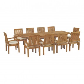Modway Marina 11 Piece Outdoor Patio Teak Dining Set - Natural White - Set in Front Side Angle