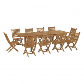 Modway Marina 11 Piece Outdoor Patio Teak Dining Set - Natural - Set in Front Side Angle