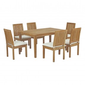 Modway Marina 7 Piece Outdoor Patio Teak Dining Set - Natural White - Set in Front Side Angle