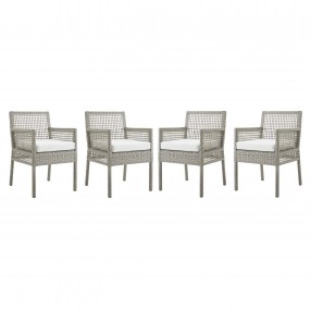 Modway Aura Dining Armchair Outdoor Patio Wicker Rattan in Gray White - Set of Four - Set in Front Angle