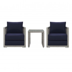 Modway Aura 3 Piece Outdoor Patio Wicker Rattan Set in Gray Navy - Set in Front Angle
