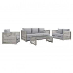 Modway Aura 4 Piece Outdoor Patio Wicker Rattan Set - Gray Gray - Set in Front Side Angle