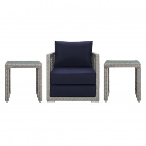 Modway Aura 3 Piece Outdoor Patio Wicker Rattan Set in Gray Navy - Set in Front Angle