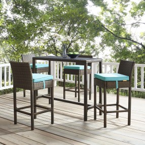 Modway Conduit Bar Stool Outdoor Patio Wicker Rattan in Brown Turquoise - Set of Four - Lifestyle