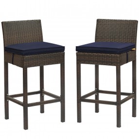 Modway Conduit Bar Stool Outdoor Patio Wicker Rattan in Brown Navy - Set of Two - Set in Front Angle