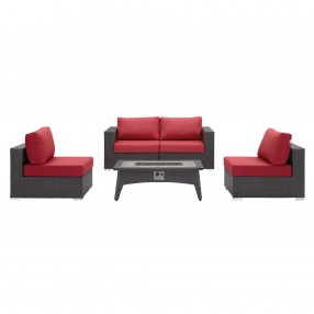 Modway Convene 5 Piece Set Outdoor Patio with Fire Pit - Espresso Red - Set in Front Angle