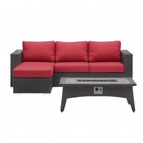 Modway Convene 3 Piece Set Outdoor Patio with Fire Pit - Espresso Red - Set in Front Angle