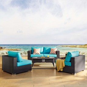 Modway Convene 5 Piece Set Outdoor Patio with Fire Pit - Espresso Turquoise - Lifestyle
