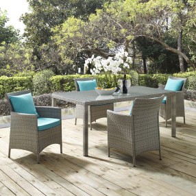 Modway Conduit 5 Piece Outdoor Patio Wicker Rattan Dining Set - Light Gray Turquoise - Lifestyle