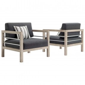 Modway Wiscasset Outdoor Patio Acacia Wood Armchair in Light Gray - Set of Two - Lifestyle