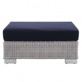 Modway Conway Sunbrella® Outdoor Patio Wicker Rattan Ottoman in Light Gray Navy - Front Angle