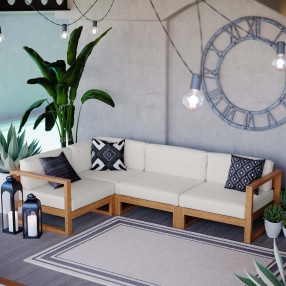 Modway Upland Outdoor Patio Teak Wood 4-Piece Sectional Sofa Set - Natural White - Lifestyle
