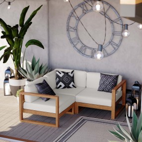 Modway Upland Outdoor Patio Teak Wood 3-Piece Sectional Sofa Set - Natural White - Lifestyle