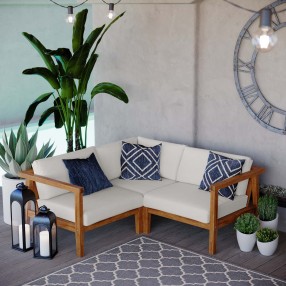 Modway Bayport Outdoor Patio Teak Wood 3-Piece Sectional Sofa Set - Natural White - Lifestyle