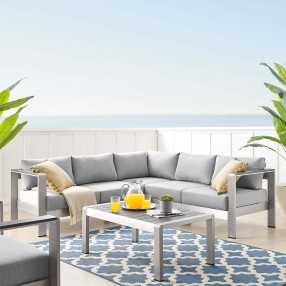 Modway Shore Sunbrella® Fabric Outdoor Patio Aluminum 4 Piece Sectional Sofa Set - Silver Gray - Lifestyle