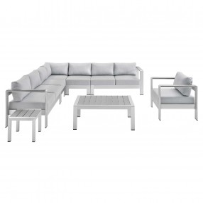 Modway Shore Sunbrella® Fabric Outdoor Patio Aluminum 8 Piece Sectional Sofa Set - Silver Gray - Set in Front Angle
