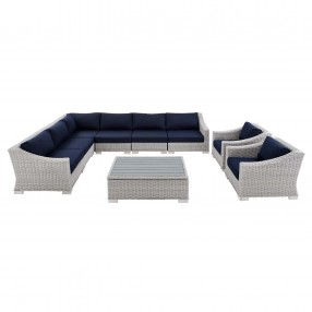 Modway Conway Sunbrella® Outdoor Patio Wicker Rattan 9-Piece Sectional Sofa Set - Light Gray Navy - Set in Front Angle