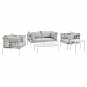 Modway Harmony 5-Piece Sunbrella® Basket Weave Outdoor Patio Aluminum Seating Set - Taupe Gray - Set in Front Side Angle