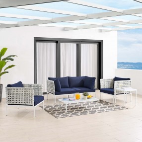 Modway Harmony 5-Piece Sunbrella® Basket Weave Outdoor Patio Aluminum Seating Set - Taupe Navy - Lifestyle